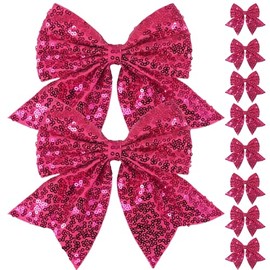 Glitter Cheer Bow Elastic, 8 Pack Sequin Cheer Bow Bling Party Hair Accessories for Cheerleading Women Girls Kids (Pink)
