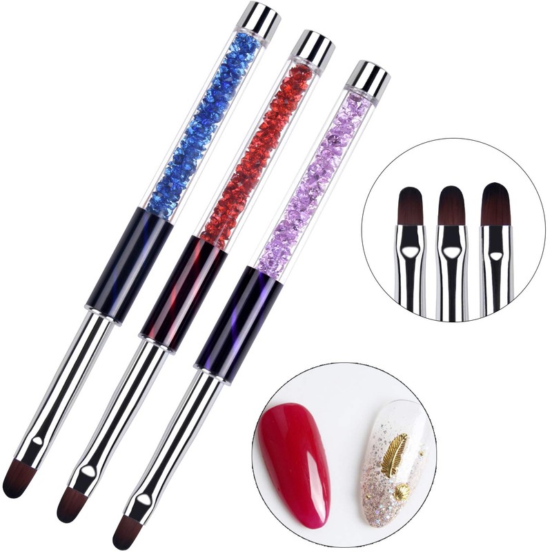 Ycyan 3Pcs Oval Gel Nail Brush Set Rhinestone Handle Professional