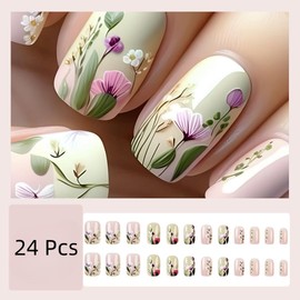 KQueenest 3D Handmade Press On Nails Short Medium Square Glossy Pink Fake Nails Cute French Nails Press ons Flowers Full Cover Acrylic Nails Coffin Stick On Nails For Women Nail Art 24 Pcs