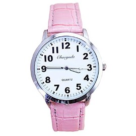 Mixe Women Ladies Big Dial Numbers Casual Sliver Leather Analog Dress Watch Glow in Dark (Pink)