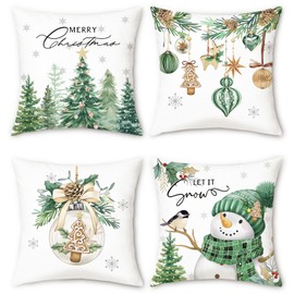 Bonhause Set of 4 Cushion Covers Christmas Snowman Pine Christmas Balls Green 45 x 45 cm Decorative Cushion Cover for Sofa Bedroom Living Room Winter Holiday Decoration