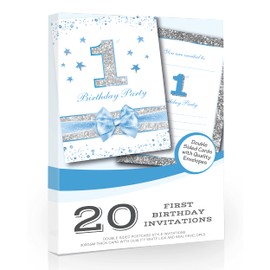 Olivia Samuel 20 x First Birthday Party Invitations from Baby Boy Blue Sparkly Design and Photo Effect Silver Glitter - A6 Postcard Size with envelopes