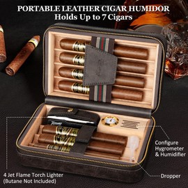 Tesonway Cigar Humidor, Travel Humidor Cigar Box and Cigar Lighter, Leather Cigar Case with Cedar Wood Tray, Hygrometer, Humidifier, Portable Cigar Humidor Cigar Accessories for Men, Holds 7 Cigars