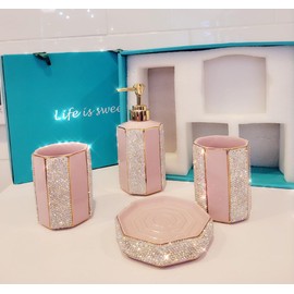 TISHAA - Glam Sparkling Rhinestones Bling Bathroom Accessory 4pcs Bathroom Set - Luxury Bathroom Accessories with Soap Dispenser, Toothbrush Holder Cups,Soap Dish (White & Pink)