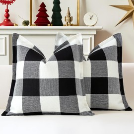 Sungeek Buffalo Check Plaid Cushion Covers 40 x 40 Set of 2 Linen Christmas Tartan Decorative Square Pillow Covers with Stitched Edge for Sofa Couch Bed Living Room 16x16 Inch (White and Black)