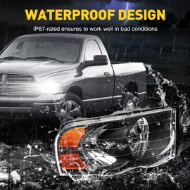 AUTOSITY Headlights Assembly Black Reflector + Amber Compatible With 2002 2003 2004 2005 Ram 1500 2500 3500 Replace 55077120, 55077121