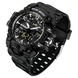 Gosasa Womens Digital Sports Watch 5ATM Waterproof Watch LED Light Large Face Analog Multifunctional Wrist Watches with Alarm Stopwatch Calendar Hourly Chime (All Black)