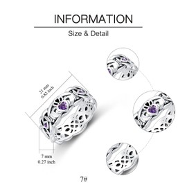 SEIYANG Purple Claddagh Ring for Women February Birth Month Sterling Silver Amethyst Irish Band, Metal, cz,