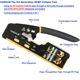 RJ45 Crimping Tool Pass Through Ethernet Crimper for Cat6 Cat5 Cat5e RJ45 Pass Through Connectors and RJ12 Ends with 50PCS RJ45 Cat6 Connectors Mini Yellow Stripper and Blades