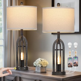 Cinyirong 27" Rustic Table Lamps for Living Room - Farmhouse Lamps Set of 2 with USB C+A & Outlet, 3-Way Dimmable Touch Lamps for Night Stands, Vintage Bedside Lamp for End Tables,Bedroom,Bronze
