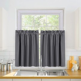 Valea Home Blackout Short Curtains Waterproof Soft Rod Pocket Kitchen Curtains for Bathroom Window Room Darkening Small Curtains for Bedroom, 2 Panels, 36 inch Length, Grey