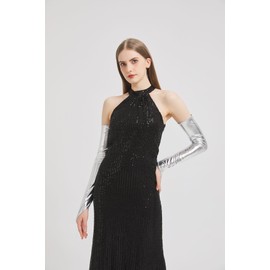 Fingerless Silver Gloves Metallic Gloves for Women 21in, Fingerless Silver Long Faux Leather Gloves (Silver)