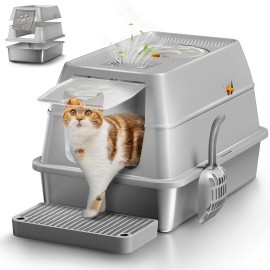 Eosarcu Stainless Steel Cat Litter Box with Lid, XL Large Enclosed High Sided Litter ...