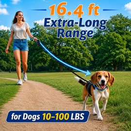 16.4 ft Retractable Dog Leash for Dogs 10–100 lbs - Heavy Duty Tape Leash with Strong Nylon Tape - 360° Swivel Control - One-Click Brake & Lock - Ergonomic Non-Slip Grip for Safe & Easy Daily Walks