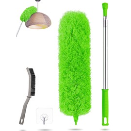 Washable Telescopic Duster, Duster, Rod and Bendable Corner Brush, Microfibre Stainless Steel with Telescopic Rod, Long Extendable up to 240 cm, Green