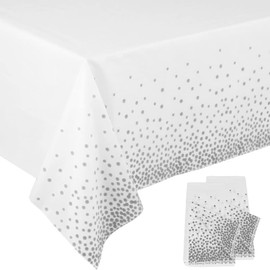 POPOYU 2Pcs White and Silver Dotted Confetti Party Table Cloth 54 * 108 inch Large Plastic Waterproof Table Cover Rectangular Tablecloth for Birthday,Baby Shower,Wedding,Picnic,Party Decoration