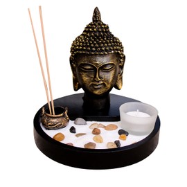 Zen Garden Deluxe Desk Meditation Garden Includes Large Buddha Head Statue, Incense and Incense Holder, Sand, Rocks, Tea Light Holder (Candles Not Included)