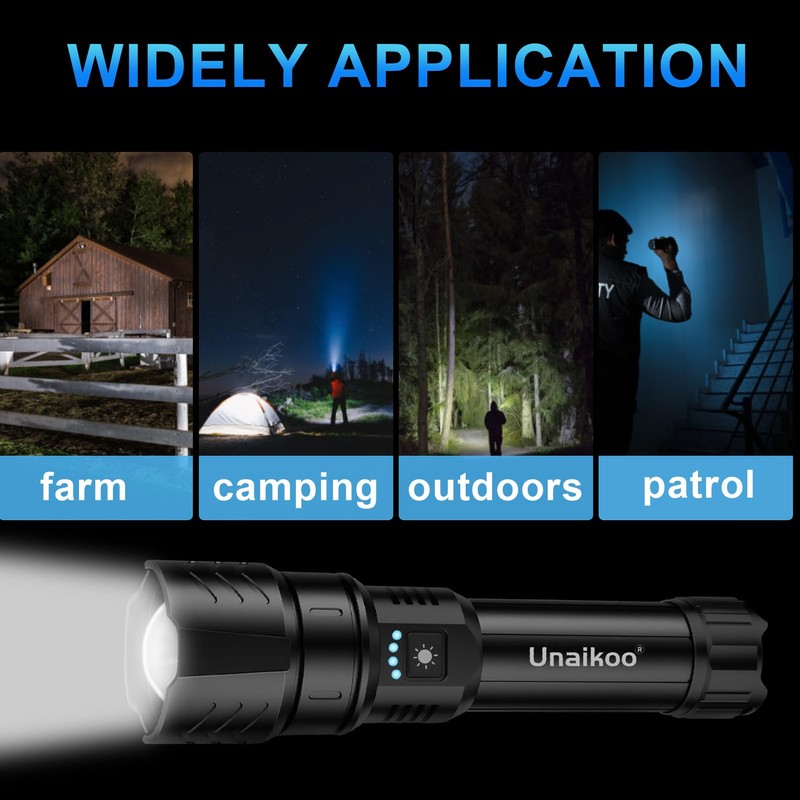Unaikoo Rechargeable Flashlight High Lumens - 10000LM Powerful Tactical Flashlights