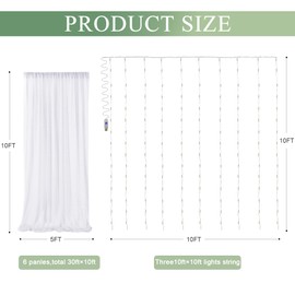 Xiomot Tulle Backdrop Curtain with Lights String 30 X 10FT White Sheer Tulle Backdrop Curtains for Wedding Birthday Party Reception Photo Booth Background Decorations (6 Panels 5x10FT)