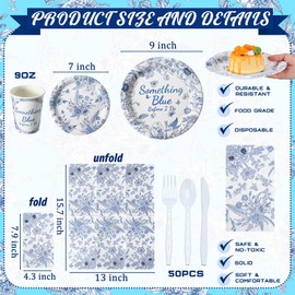 Dandat 402 Pcs Disposable Tableware Set Serve 50 Baby Shower Party Decorations Birthday Party Supplies Set Disposable Plates and Napkins Plastic Tablecloths for Baby Shower(Blue,Something Floral)