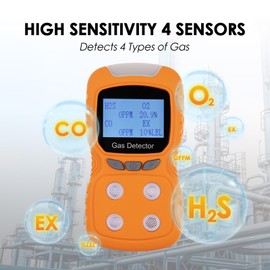 Portable 4 Gas Monitor Multi Gas Detector Meter for H2S CO O2 EX, Rechargeable Natural Gas Detector Gas Sniffer Clip-On with Visual Vibration and Audible Alarms for Work and Home