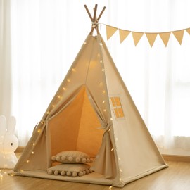 RONGFA Kids Play Tent with Mat Indoor Play Teepee for Children Boys Portable Play House (Apricot+mat)