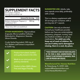 Mullein Leaf Capsules for Respiratory Health - 5000mg Extract 10:1 for Lung Support and Immune Function - 30 Count - Vegan, Non-GMO Capsules - Herbal Supplement for Daily Wellness - 1 Month Supply