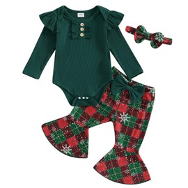 TheFound Christmas Baby Girl Clothes Newborn Ruffle Long Sleeve Romper Xmas Print Bell Bottom Toddler Baby Fall Winter Outfit (Green, 0-3 Months)