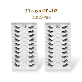 CB Value Pack 20 Pairs/ 2 Trays 3D Fluffy Half Lash Strip, 3/4 Length Cat-Eye False Eyelashes, Black Band Natural Look Wispy Soft Strip Lashes, Multiple Styles, 02 x 2 Trays