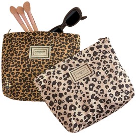MLPKOI 2 Pieces Canvas Make Up Bags, Cosmetic Bags with Zipper, Leopard Print Makeup Bag Small, Make up Pouch, Cosmetic Pouch, Travel Makeup Organiser, Toiletry Bag for Women Girls