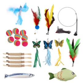 QZDAFFIC 23Pcs Interactive Cat Toys, Durable Cat Wand Toy Catnip Toys for Cats, Replacement Feather Toy Fish Kitten Teething Silvervine Sticks