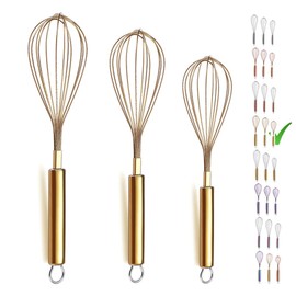 Berglander Gold Whisk Pack of 3 Stainless Steel 8",10",12", Titianium Plating Whisks for Cooking, Beater,Wire Whisk Set Kitchen Wisk (Gold)