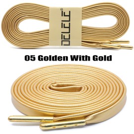 DELELE Flat PU Leather Laces: Waterproof Shoelaces for Sneakers Boot 2 Pair Golden With Gold Aglet 63 inch