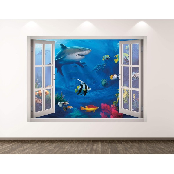 West Mountain Shark Wall Decal Art Decor 3D Window Aquarium Sticker Mural Kids Room Custom Gift BL55 (70" W x 50" H)