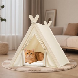 XiMaiChy Pet Teepee with Thick Cushion, Cat Tents for Small Dogs Puppy and Cats,Portable Houses Indoor with Thick Cushion,Puppies Play House Removable and Washable,Beige