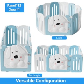 Aoole Foldable Dog Play Pen Indoors, Non-Slip Sturdy Puppy Playpen with Door, 25.5" H 12-Panel Adjustable Shape Dog Fence Pen for Small/Medium Dogs, Thickened, Easy to Store, White+Blue
