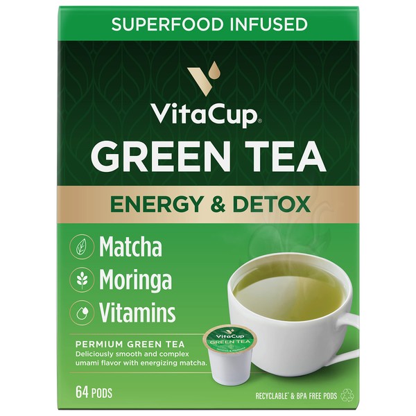 VitaCup - Tazas de café con vitaminas esenciales B12, B9, B6, B5, B1, D3 en una sola serie Keurig compatible con K Pods (té verde)