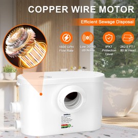 Macerator Pump, 600W Toilet Pump, 8100 L/h Flow, Upflush 31.2 ft/9.5 m Head, Sewerage Sump with 3 Water Inlets for Toilet, Basement, Kitchen, Sink, Shower, Bathtub Waste Water Disposal