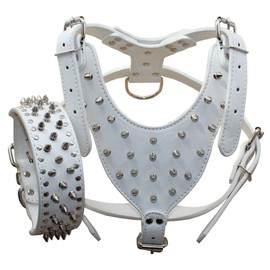 Haoyueer Leather Spiked Studded Medium & Large Dog Collars, Harnesses 2Pcs Matching Set for Pit Bull,Mastiff, Boxer, Bull Terrier