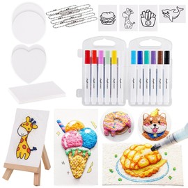 Helmxlnq Magic Puffy Paint,Foam Texture Painting Kit with 12 Markers,16 Foam Texture Paper（4 Sheets with Patterns）,8 Beaded Chains,1 Water-Brush Pen and 1Small Easel,