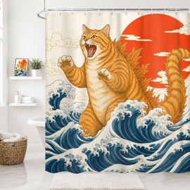 Funny Shower Curtain, Vintage Japanese Cat Art Anime Sunset Wave Shower Curtains for Bathroom, Animal Cat Japan Fabric Bathroom Decor, with Hooks 72x72 Inch