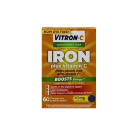 Vitron-C High Potency Iron Dietary Supplement – Iron Plus Vitamin C, Boosts Energy, Gentle on The Digestive System, 60 Coated Tablets, 65 mg Elemental Iron