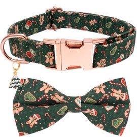 Faygarsle Green Dog Collar Christmas Design with Bow Metal Buckle Gingerbread Men Trees Pattern for Small Medium Large Dogs Bowtie Collar Cute Stylish Girl Christmas Dog Collar S