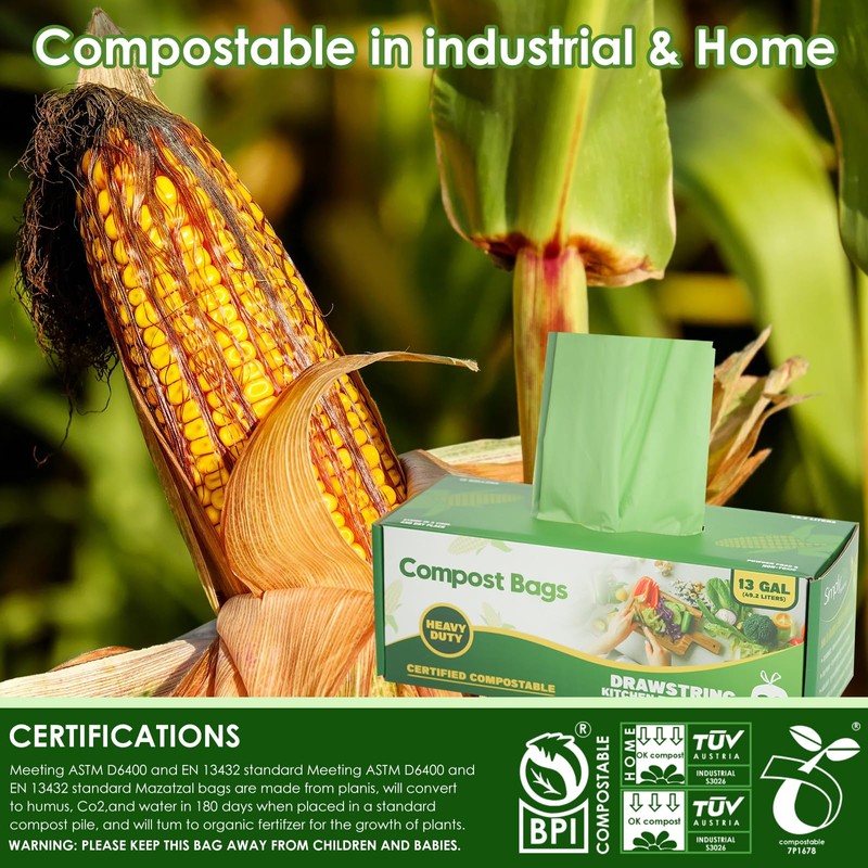 10-13 Gallon Compostable Trash Bags with Drawstring, Heavy Duty Extra