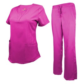 ACTIVE UNIFORMS Women's Scrub Set Stretch and Ultra Soft Y-Neck Medical Scrub Top and Pants (Hot Pink, Small)