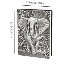 YHH Small Journal Diary, Vintage A6 Hardback Notebook Pocket Size Lined Page PU Leather Embossed Notepad Anniversary Valentines Birthday Gift for Kid Boys Girls Men Women Dad Mum, 3D Elephant Silver