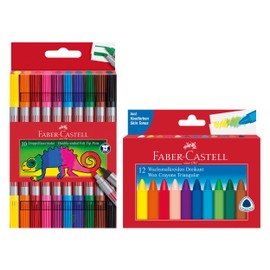 FABER-CASTELL 205032 School Set of 12 Wax Crayons and Case of 10 Double Fibre Tip Pens