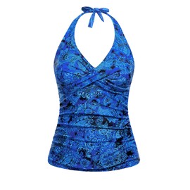 Tempt Me Women’s Tankini Top Halter Tummy Control Swim Tops Only Twist Front V Neck Bathing Suit No Bottom, Blue Paisley, XX-Large
