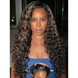 Julia Hair Golden Brown Highlight Deep Water Wave 7x5 Bye Bye Knots HD Lace Closure Glueless Wigs Human Hair Pre Plucked Pre Cut Natural Hairline Ready to Go for Beginners 24 Inch