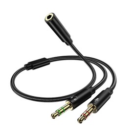 3.5mm Headset Splitter Adapter – Female to Dual Male Mic and Audio Jack, Nylon Braided Y Cable for PC, Laptop, Desktop with Separate Ports, Gold-Plated Connectors, Durable Design (Black)